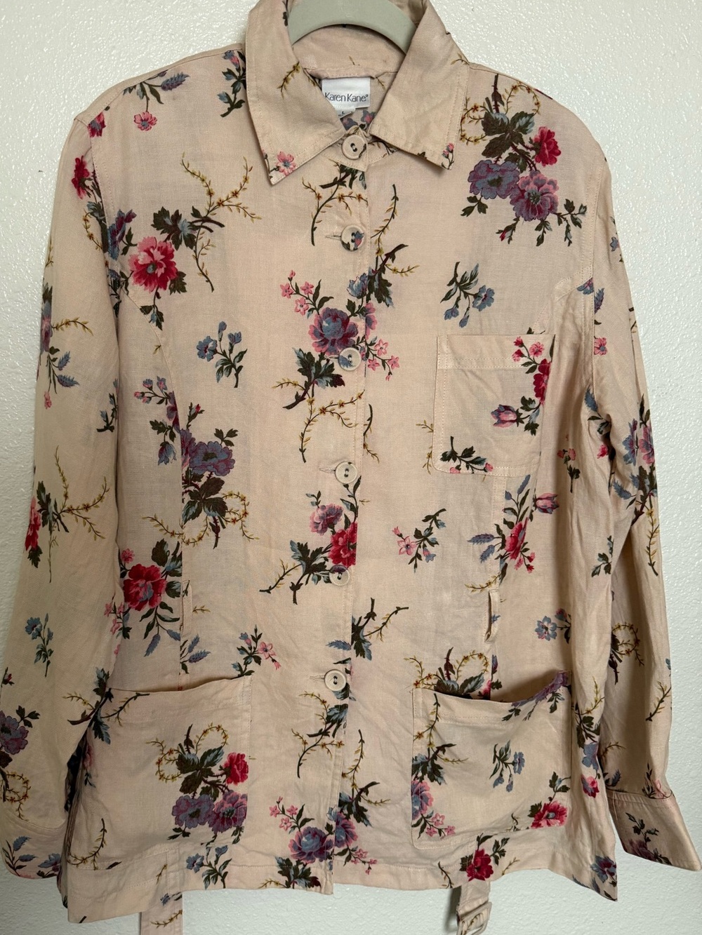 Karen Kane Beige Floral Linen Button-Up Shirt Jacket with Removable Belt. Size L
